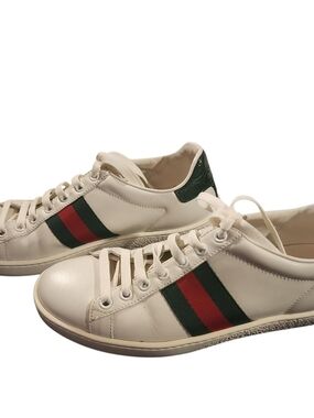 Gucci Ace White Leather Sneakers with Red & Green Web